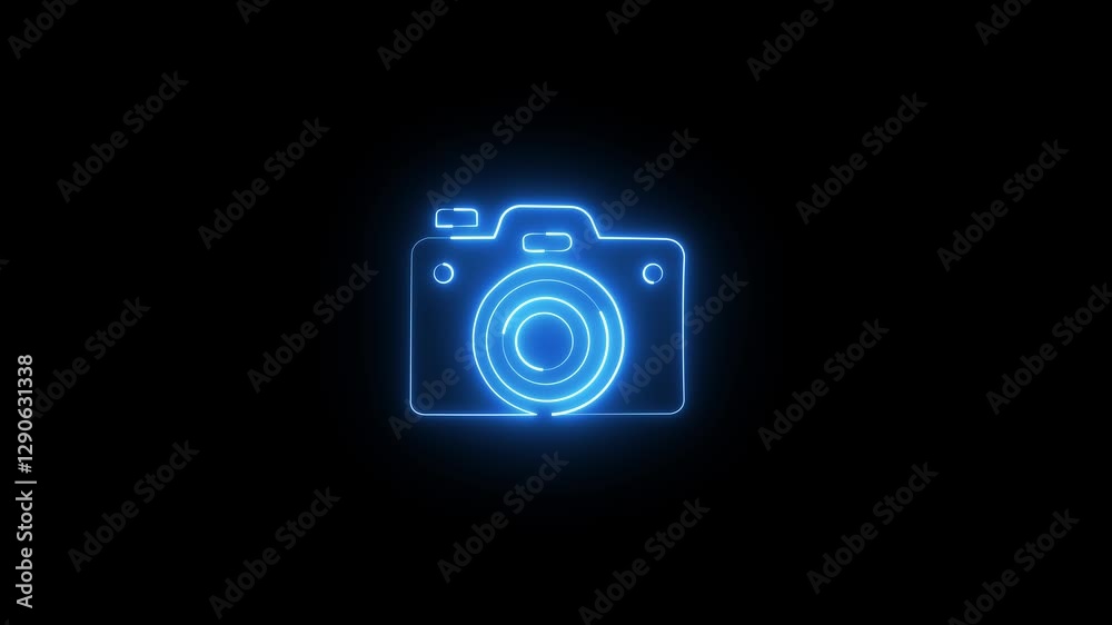 Neon glowing line camera icon isolated on black background. Photo camera. Digital photography. Camera icon neon fire blue color animation, glowing digital marketing technology symbol animation. Neon glowing line camera icon isolated on black background. Photo camera. Digital photography. Camera icon neon fire blue color animation, glowing digital marketing technology symbol animation.