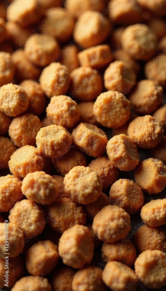 Close-up of crunchy brown ferret kibble, varied shapes , ferret diet, photography Close-up of crunchy brown ferret kibble, varied shapes , ferret diet, photography