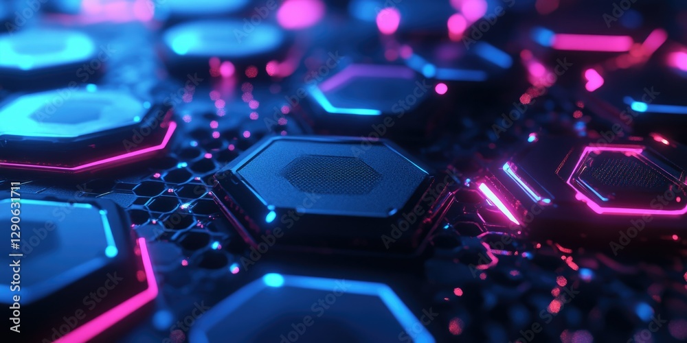 Fototapeta premium Neon lights on futuristic circuit board with abstract designs, pink and blue tones.