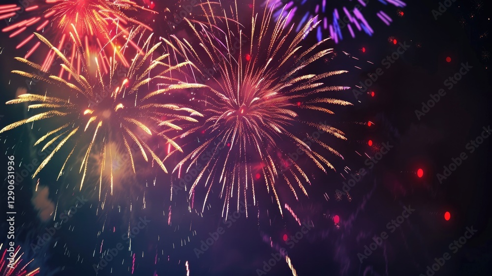 Fototapeta premium Vibrant fireworks display against dark night sky symbolizing new beginnings, dynamic burst of light captured with wide-angle lens, ample copy space for text or design elements.