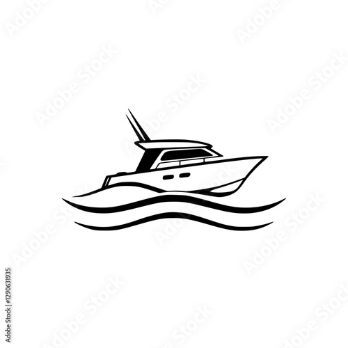 Vector illustration of a sleek, modern yacht sailing on wavy waters, a black and white scene.