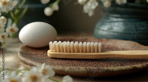 Natural bamboo toothbrush on ceramic plate with egg and flowers photo