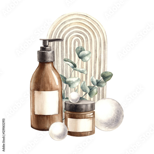 Hair shampoo or body gel, cream in a jar, branches of real eucalyptus, plaster balls and a plaster frame. Watercolor illustration is suitable for branding natural cosmetics, magazines, beauty blogs.