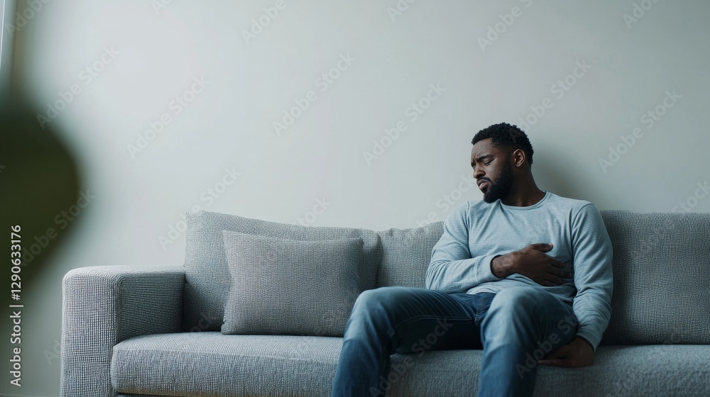 Stomach pain experienced by a man sitting on a sofa, holding his stomach. Featuring discomfort and relief Stomach pain experienced by a man sitting on a sofa, holding his stomach. Featuring discomfort and relief