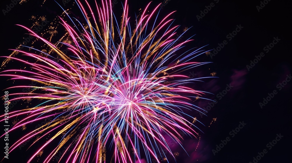 Vibrant fireworks display against dark night sky symbolizing new beginnings, dynamic burst of light captured with wide-angle lens, ample copy space for text or design elements. Vibrant fireworks display against dark night sky symbolizing new beginnings, dynamic burst of light captured with wide-angle lens, ample copy space for text or design elements.