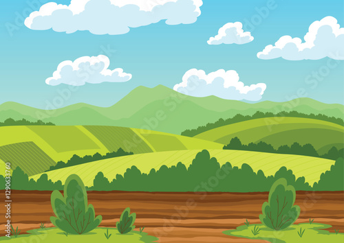 Agriculture farming landscape. Countryside land. Plowing the field on rural landscape background. Farm life, soil cultivation. Vector cartoon illustration