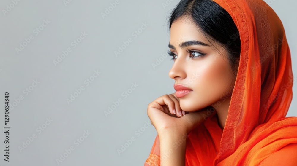 Indian woman in classic style, sitting on white and gray background, space for text. Indian woman in classic style, sitting on white and gray background, space for text.