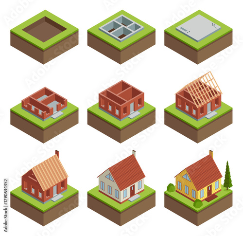 House construction Isometric set stage-by-stage. Visualization of modern building on different building process. Collection of phases from plan to finished building