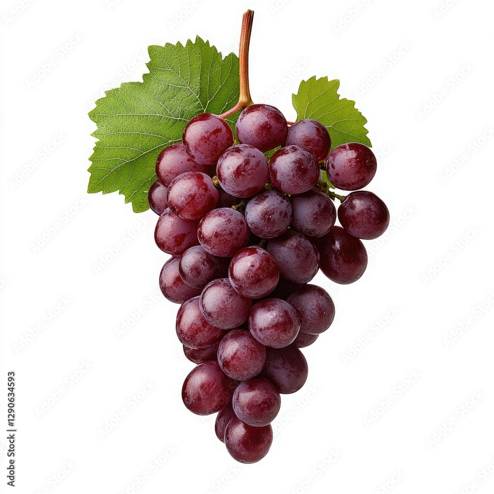 Fototapeta premium Freshly harvested red grapes hanging from the vine with green leaves in a bright setting