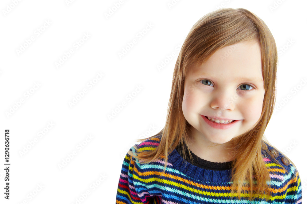 Studio, kid and girl in portrait for fashion, stylish and smile for kindergarten with mockup space. Childhood, student and child with confidence for casual sweater, school and joy by white background Studio, kid and girl in portrait for fashion, stylish and smile for kindergarten with mockup space. Childhood, student and child with confidence for casual sweater, school and joy by white background