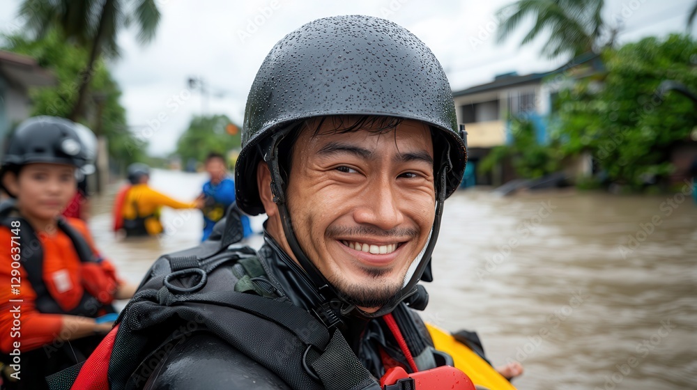 Climate change intensifies typhoons, leading to stronger winds . Rescuer smiling in rain gear during a flood rescue operation. Climate change intensifies typhoons, leading to stronger winds . Rescuer smiling in rain gear during a flood rescue operation.
