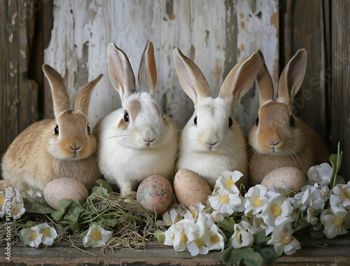 Four furry bunnies with Easter eggs and flowers in nature scene