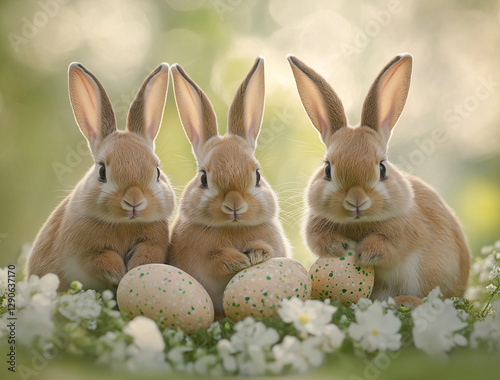Three furry bunnies with colorful eggs and flowers in nature. Great for Easter designs, spring-themed marketing, and festive decor.