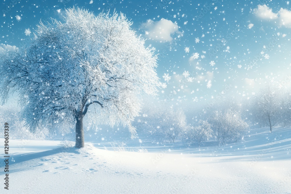 Snow falls gently on a solitary tree in a serene winter landscape under a clear blue sky Snow falls gently on a solitary tree in a serene winter landscape under a clear blue sky