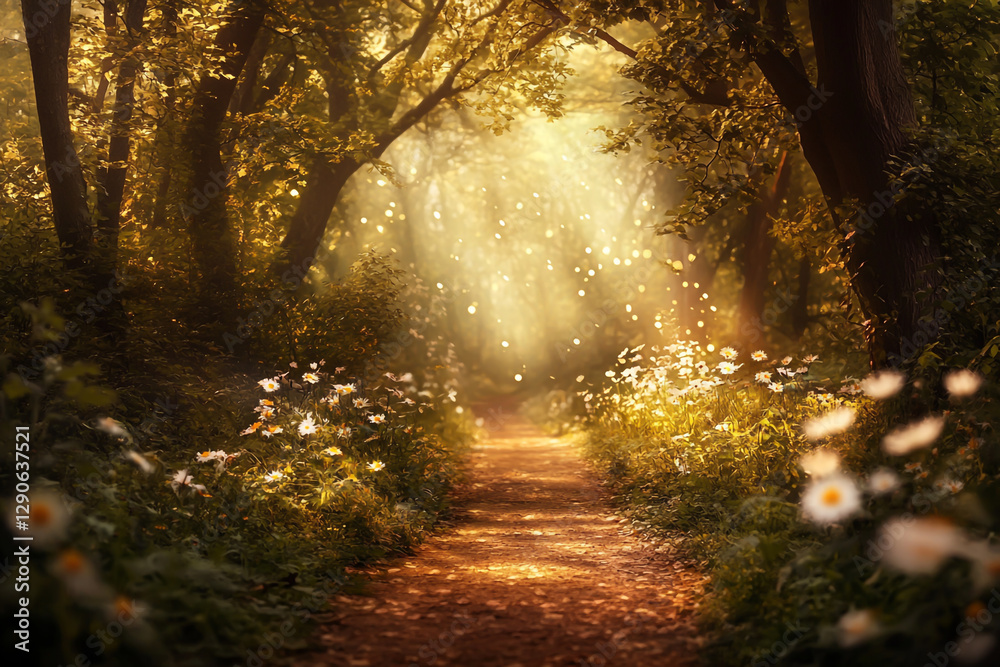 Fototapeta premium A magical forest path illuminated by the golden rays of sunset, with delicate flowers and leaves scattered along its length.