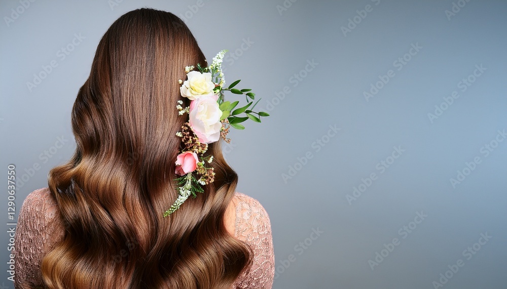 Naklejka premium Hair care banner. Hairstyle with flowers. Back view. Braids or loose hair with woven flowers, emphasizing natural beauty and care, with free space for text