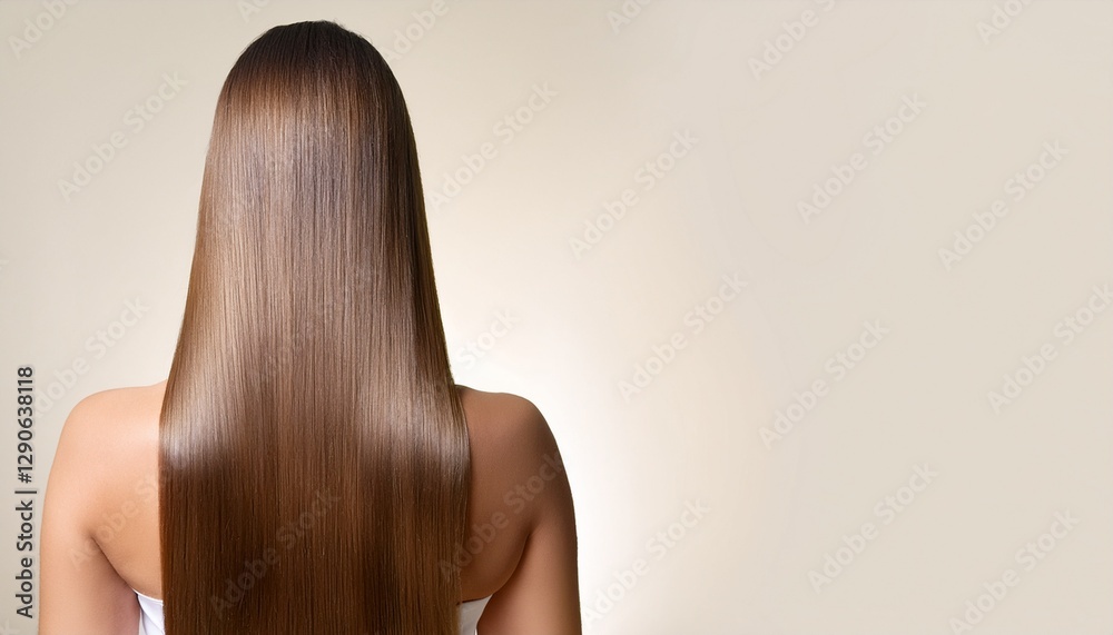 Naklejka premium Hair care banner. Women's hair care products. Smooth and silky hair. Back view. Straight, shiny hair cascading down the back on a neutral background with free space for text