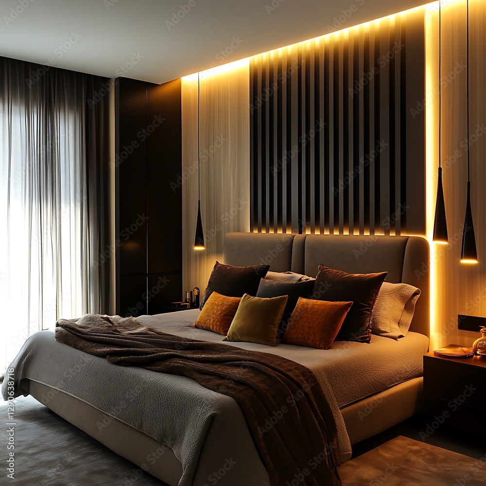 Dreamy bedroom featuring an illuminated shell headboard and plush decor Dreamy bedroom featuring an illuminated shell headboard and plush decor