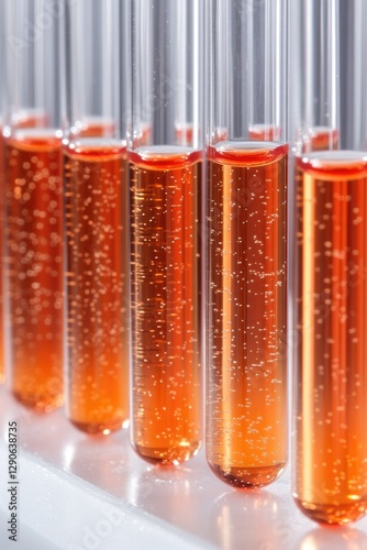 Test tubes filled with vibrant orange liquid showcase bubbling e
