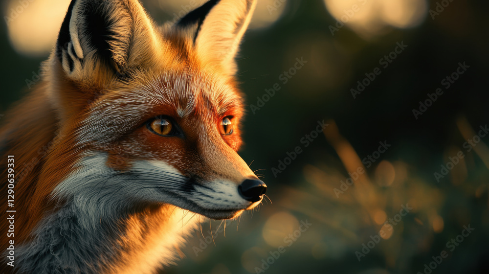Fototapeta premium close up of fox with striking orange fur and expressive eyes, set against blurred natural background. warm light enhances fox features, creating captivating scene