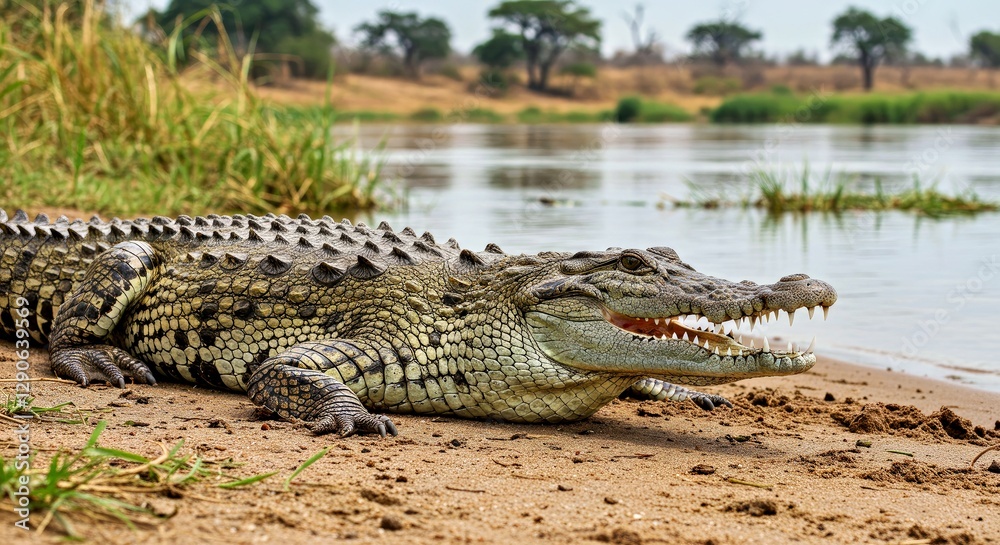 Naklejka premium A Nile Crocodile Resting on the Sandy Banks of the Zambezi River. Focus on Its Textured Scales, Powerful Jaw, and the Fine Detail of Its Sharp Teeth
