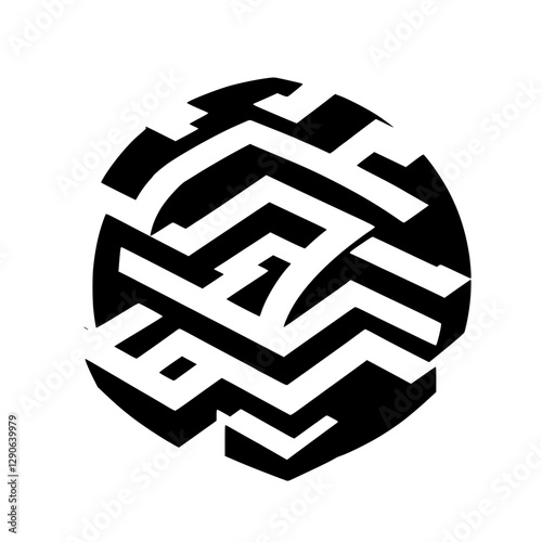 Isometric sphere maze illustration, black and white, with a minimalist aesthetic.