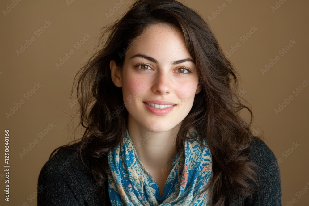 Smiling Young Woman with Freckles and Brown Hair in Closeup Portrait Smiling Young Woman with Freckles and Brown Hair in Closeup Portrait