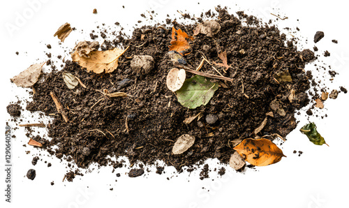 Scattered pile of dry soil with leaves and small rocks, isolated on transparent background photo