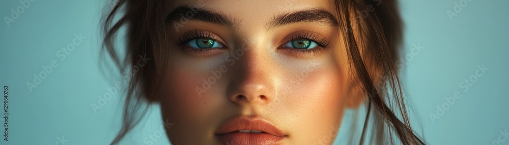 Obraz premium A model poses with a confident stare, casting a soft glance at the camera, embodying elegance and poise.