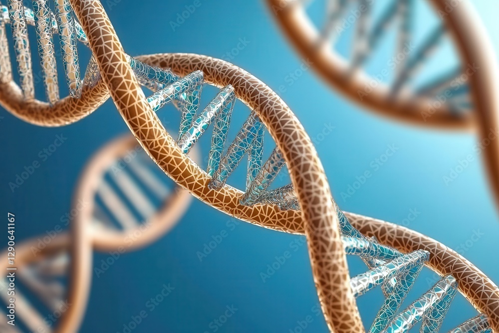 DNA helix: The building block of life 3D representation of DNA strands with a blue background. DNA helix: The building block of life 3D representation of DNA strands with a blue background.