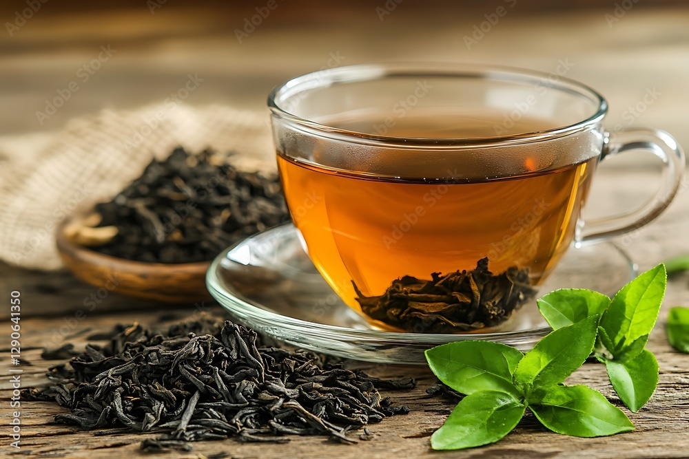Fototapeta premium Teacup, leaves, wood, drink, beverage, rustic