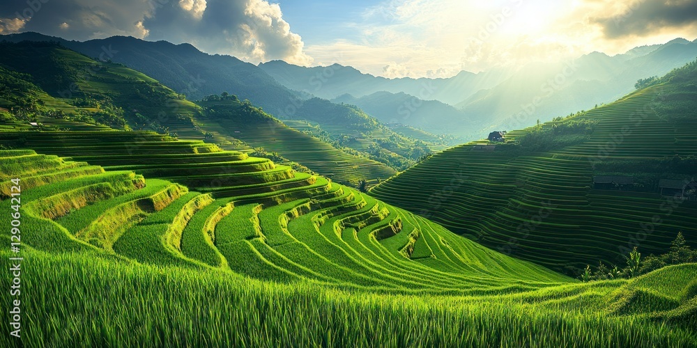 Fototapeta premium Green rice fields with the sun shining upon them, creating an idyllic and peaceful scene. The green grass reflects the sunlight as if shimmering under its surface