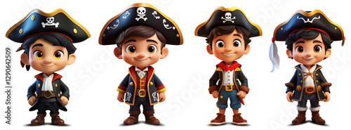 Cartoon character of a child pirate, looking at camera isolated on white or transparent background, png. Collection and variation. Generative Ai.