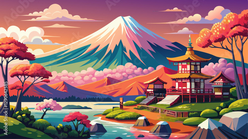 Beautiful scenic landscape of mountain Fuji or Fujisan in Yamanashi Prefecture, Japan