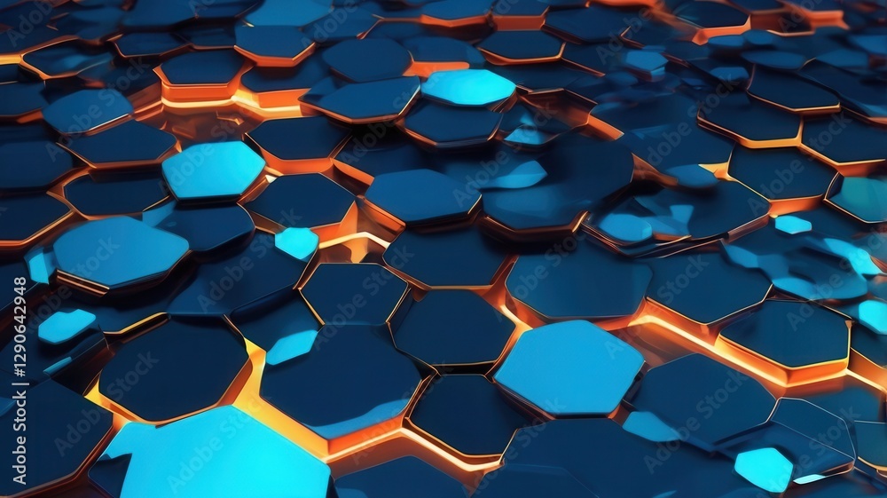 Fototapeta premium Abstract background with dark blue and light blue hexagons over orange highlights. Use this pattern for a tech related project needing a honeycomb visual.