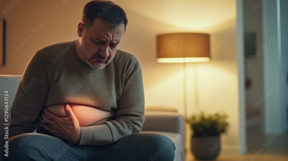 Stomach pain experienced by a middle-aged man sitting in a cozy living room, holding his stomach. Featuring discomfort and recovery Stomach pain experienced by a middle-aged man sitting in a cozy living room, holding his stomach. Featuring discomfort and recovery