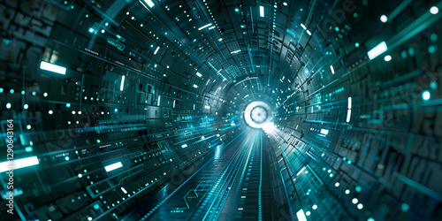 Futuristic Digital Tunnel, Cyber Technology Concept | High-Tech Data Stream, Digital Tunnel with Neon Light Effects
