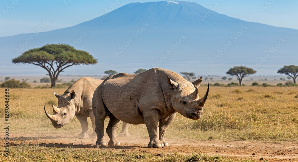Obraz premium A Pair of Black Rhinos in a Dusty African Plain, Near the Ngorongoro Crater. Focus on Their Thick, Rough Skin, Distinct Horns, and Strong Postures.