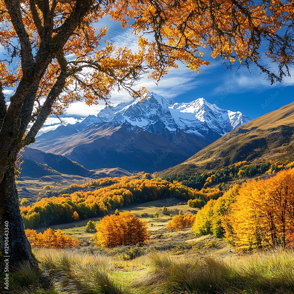 Naklejka premium Autumn colored trees with mountains and snow in a valley