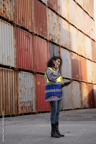 Female engineer standing at shipping container yard inspecting cargo delivering loading document on chart. Afro hair african woman in uniform checking import export container at logistic terminal dock