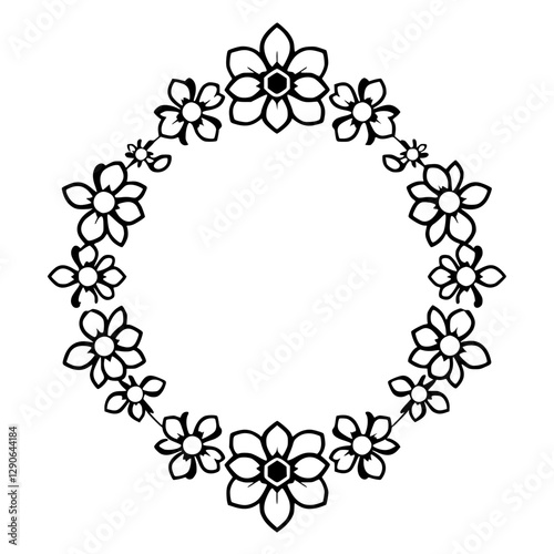 Circular Frame of Flowers in Black and White, symmetrical, Minimalist Floral Design, Simple Aesthetic.