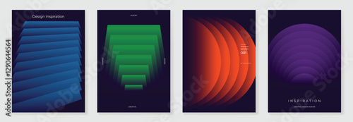 Modern gradient poster background vector set. Minimalist cover template with vibrant perspective geometric prism shapes in motion. Ideal design for social media, cover, banner, flyer.