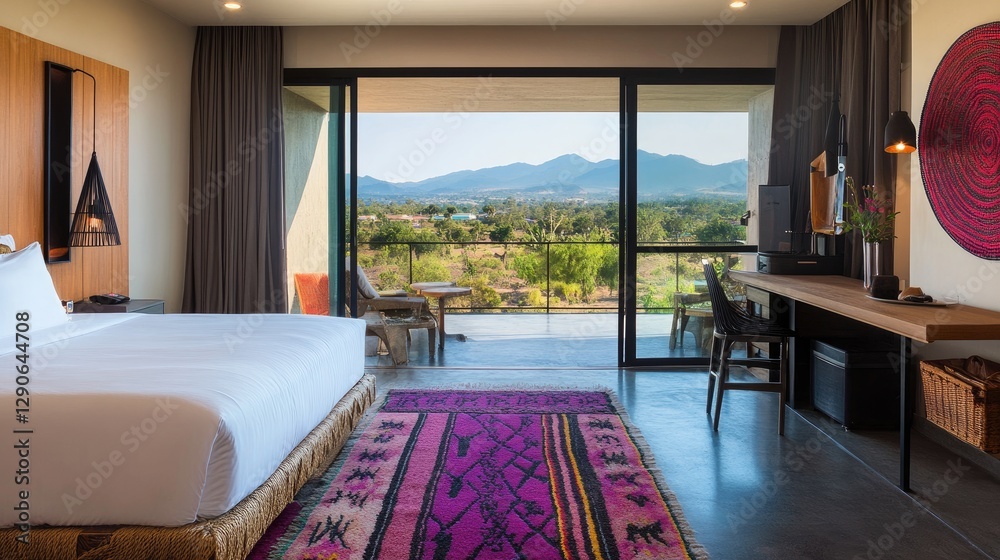 Fototapeta premium Spacious hotel room with a balcony, offering breathtaking views of mountains and nature