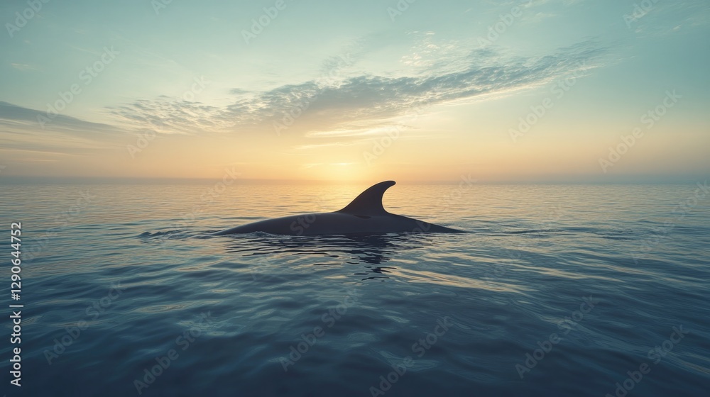 Fototapeta premium Majestic fin emerging from tranquil waters at sunset, reflecting