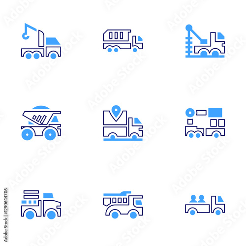 Truck icon set Bold line style Duotone colors Editable stroke. crane truck, truck, pick up truck, well drilling truck, ladder truck, delivery truck