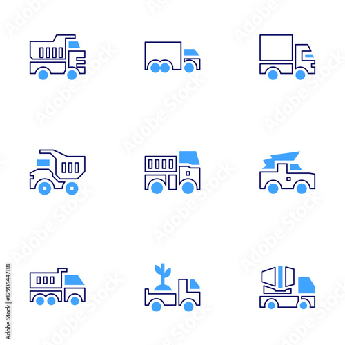 Truck icon set Bold line style Duotone colors Editable stroke. delivery truck, pickup truck, dumper truck, dump truck, concrete truck, lorry, truck
