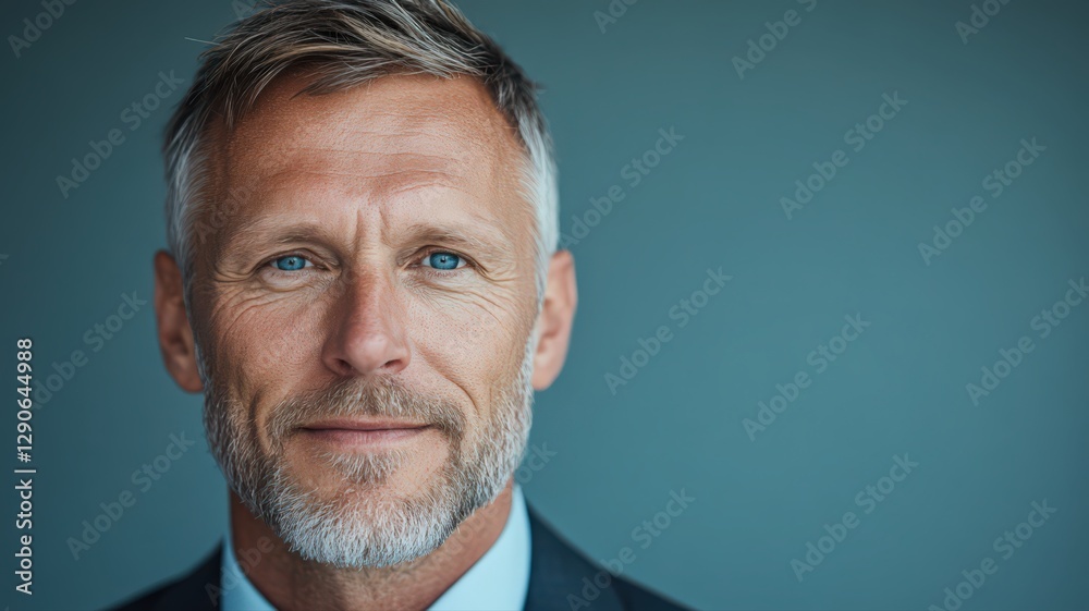 Fototapeta premium Confident Middle Aged Man Portrait Teal Background