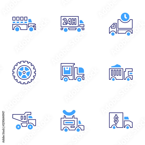 Truck icon set Bold line style Duotone colors Editable stroke. delivery, truck, delivery truck, tire, food truck, dumper truck