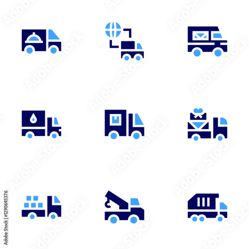 Truck icon set Bold style Duotone colors. delivery truck, dumper truck, truck, tow truck