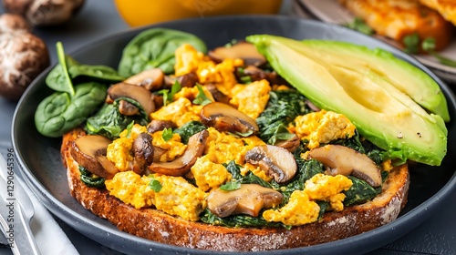 Scrambled Tofu Toast with Mushrooms and Avocado